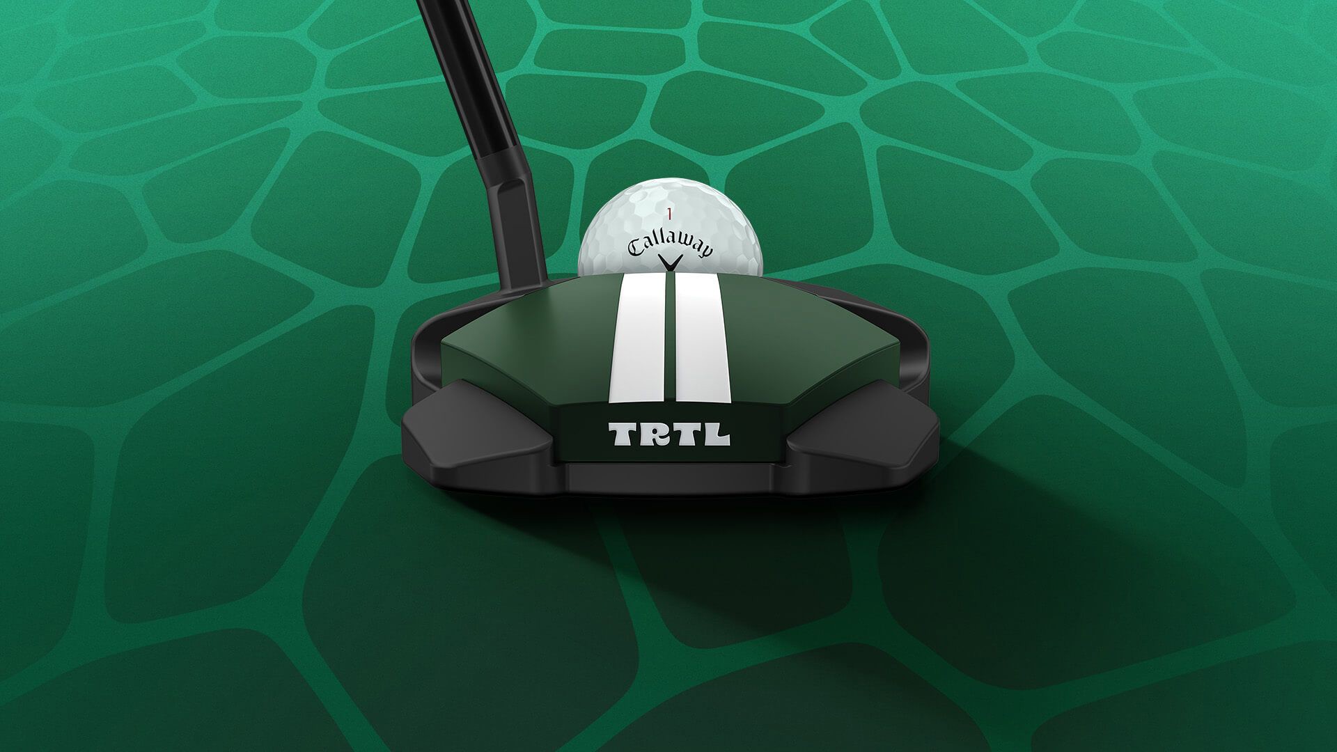 Odyssey TRTL putter with Twin Track alignment lines behind a Callaway ball on a green turtle-shell pattern