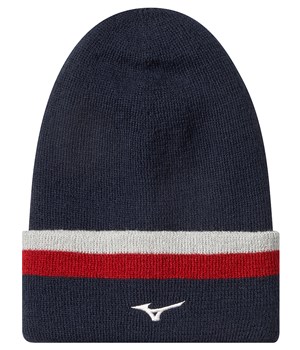 navy beanie with puma logo and black and red striping