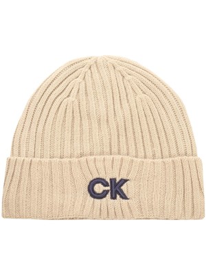 Calvin Klein Mens Ribbed Knit Embroidered Beanie Hat