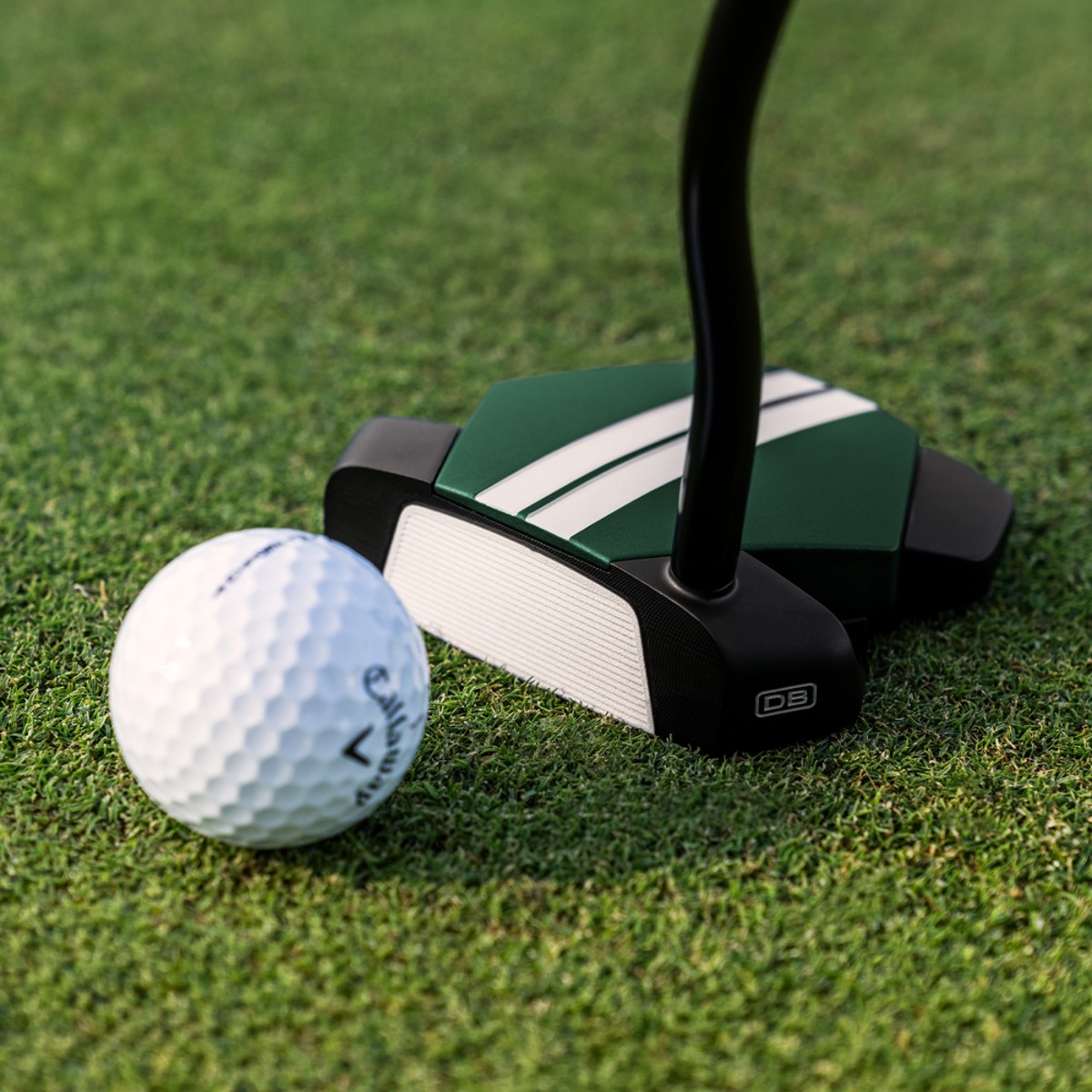 Odyssey TRTL DB face with the Ai-Star insert and F.R.D. grooves, next to a Callaway ball
