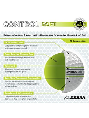Zebra Control Soft 360 Alignment White Golf Balls 12 Balls