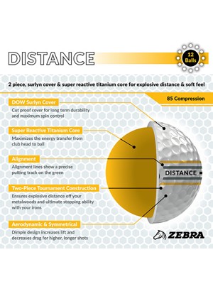 Zebra Distance 360 Alignment White Golf Balls 12 Balls